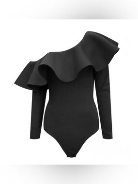 NEW Ruffle Bodysuit Slim Fit One Shoulder Bodysuit Breathable, Black, XL